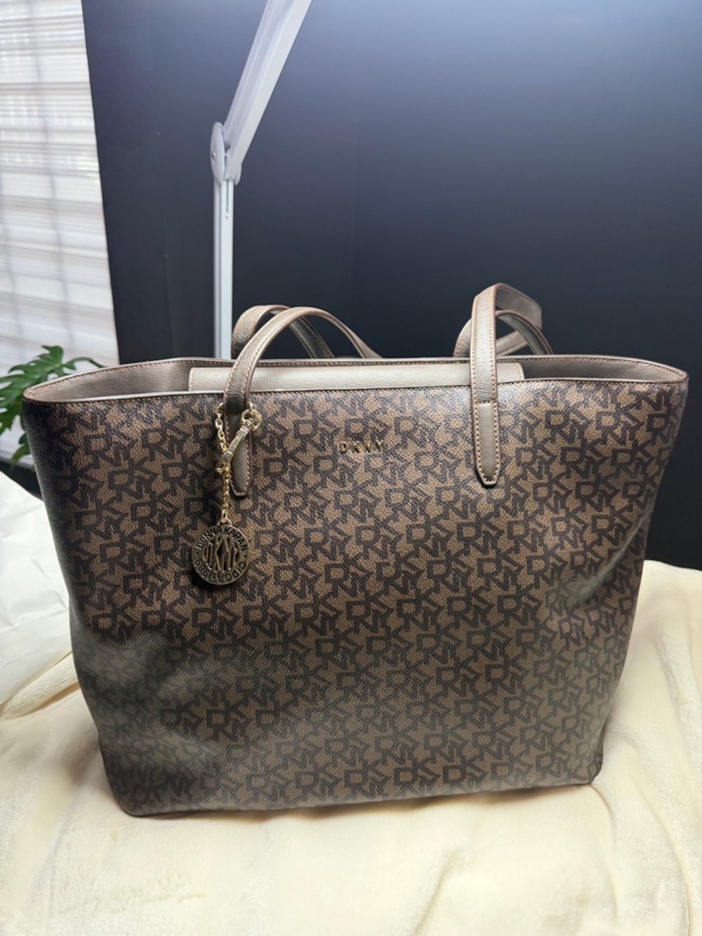 DKNY Brown Monogram Tote with Gold Logo Charm